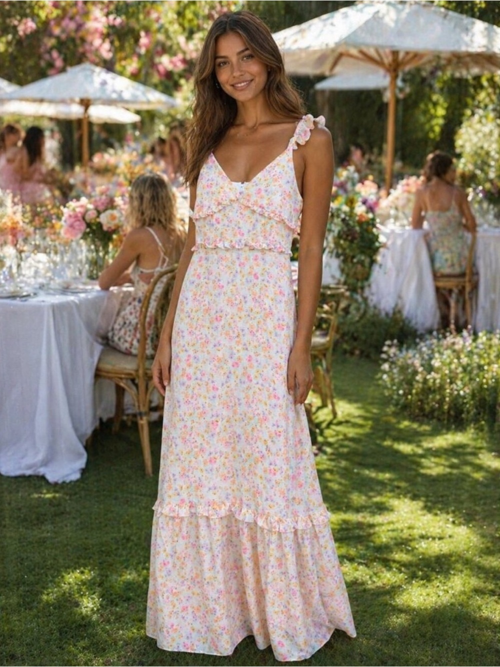 BCBGeneration Pastel Floral Maxi Dress in Pink and Yellow - Picture 1 of 2
